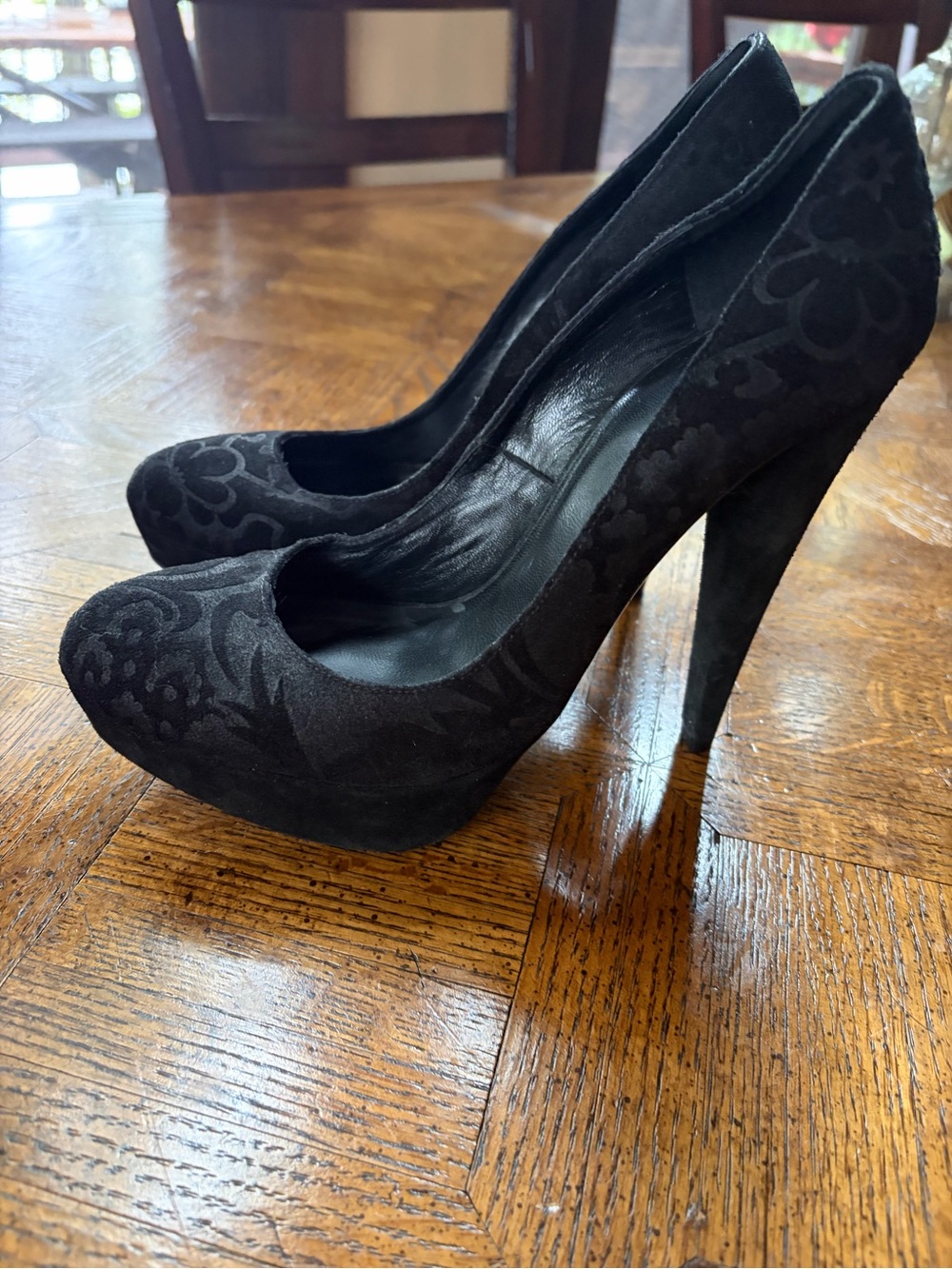 Patrizia Pepe Black Suede Floral-Pattern High Heel Pumps